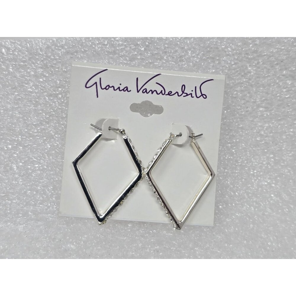 Gloria Vanderbilt Silver-Tone Diamond-Shaped Hoop Earrings Rhinestone Accents